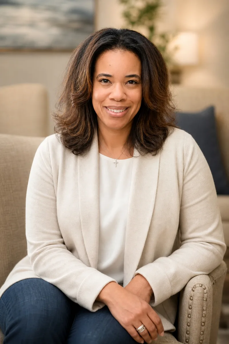 Felicia Caulk in a warm cardigan, seated comfortably