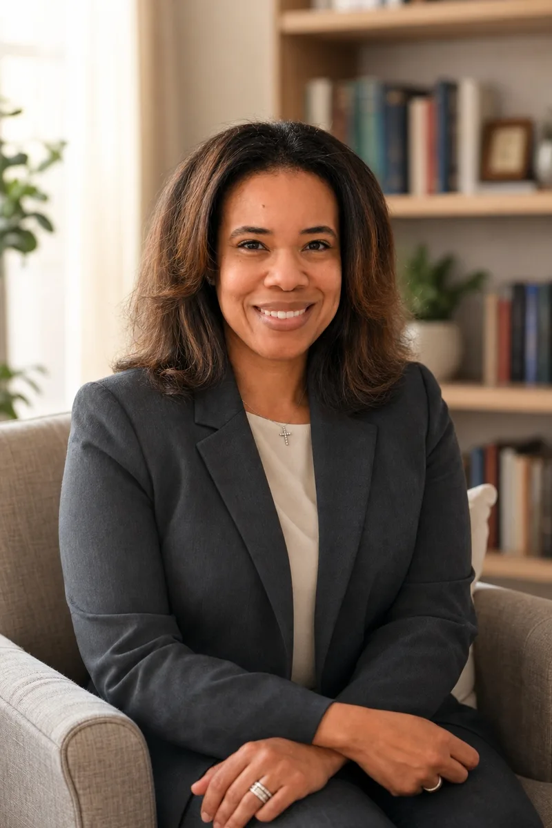 Felicia Caulk, Licensed Clinical Social Worker, seated in an office with a warm, welcoming expression