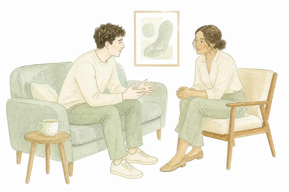 Watercolor illustration of a supportive therapy conversation