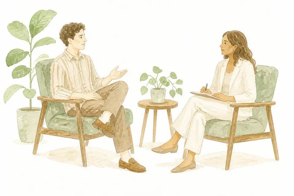 Watercolor illustration of a therapy conversation
