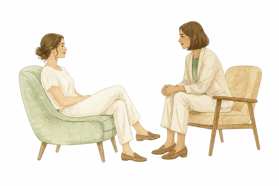 Watercolor illustration of two chairs in a therapy setting