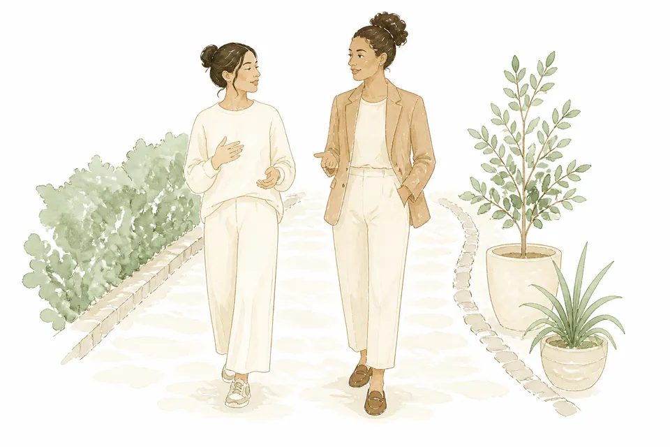 Watercolor illustration of two people walking together